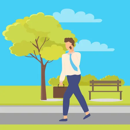 Businessman speaks by phone and walks in park  Illustration