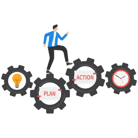 Businessmen Spin The Cogs Or Gear To Drive Action Plans Business Action Plans Strategies Or Goals To Drive The Organization Or Target Audience Illustration