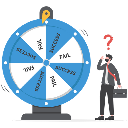 Businessman spins the wheel of his luck but does not match the box signifies hesitation in running a business  Illustration