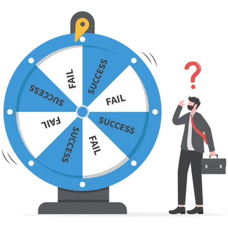Businessman spins the wheel of his luck but does not match the box signifies hesitation in running a business  Illustration