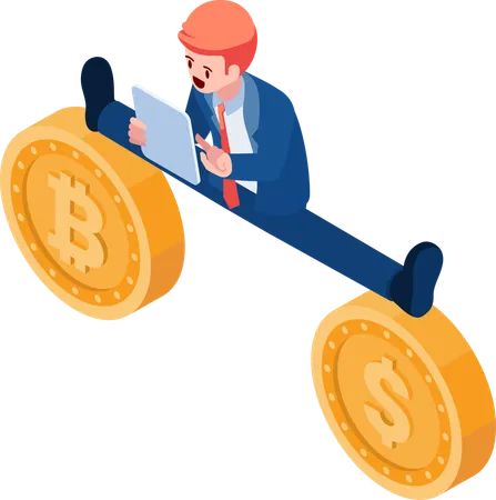 Flat 3 D Isometric Businessman Spread His Legs Between Dollar And Bitcoin Bitcoin And Financial Investment Concept Illustration