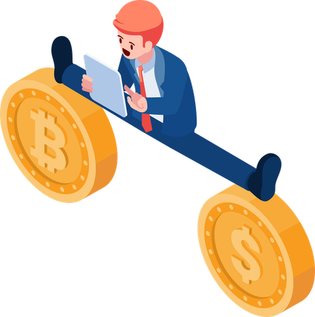 Businessman Spread his Legs Between Dollar and Bitcoin  Illustration