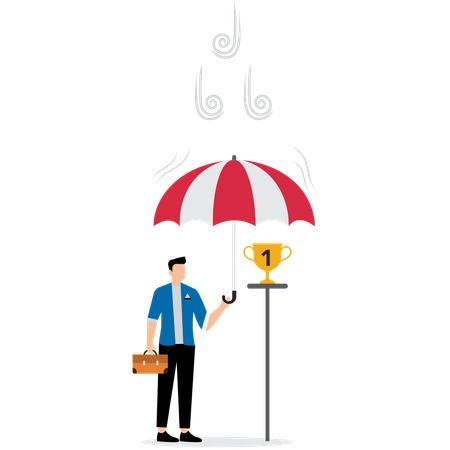 Businessman spreading umbrella to cover trophy  Illustration