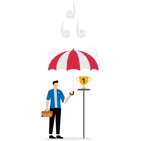 Businessman spreading umbrella to cover trophy  Illustration