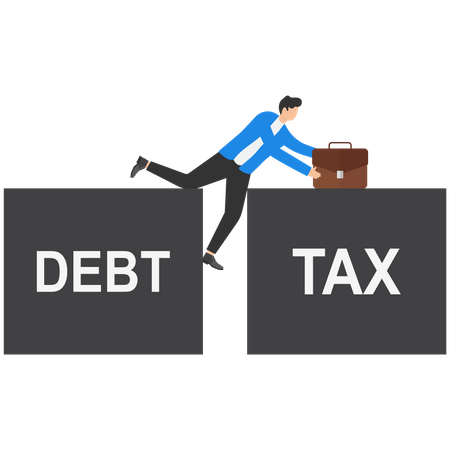 Businessman squeezed by debt and taxes  Illustration