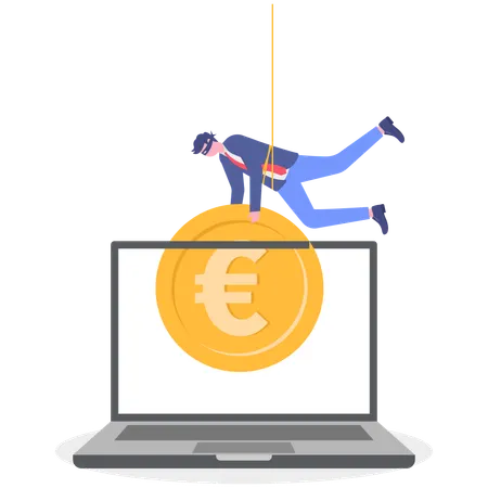 ノートパソコンからユーロ硬貨を奪うビジネスマン  イラスト