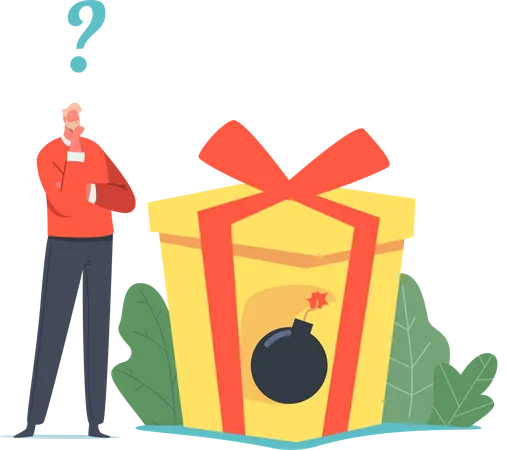 Businessman Stand at Huge Gift Box with Hidden Burning Bomb  Illustration