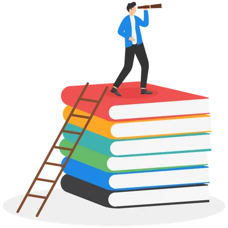 Businessman stand on books and hold telescope  Illustration
