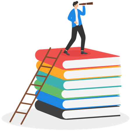 Businessman stand on books and hold telescope  Illustration