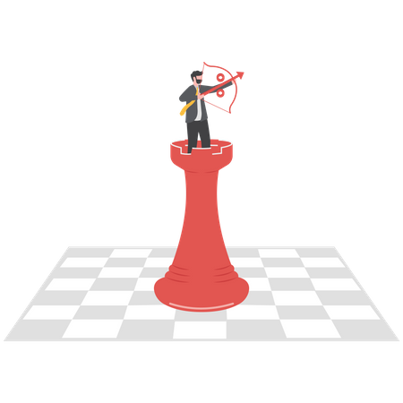 Businessman stand on chessboard and holding hand bows and arrows  Illustration