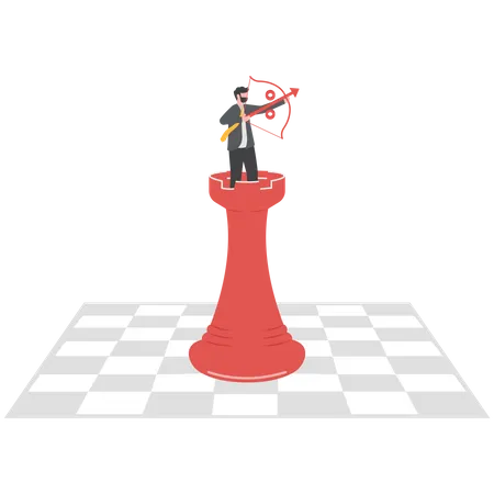 Businessman stand on chessboard and holding hand bows and arrows  Illustration