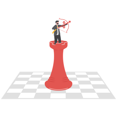 Businessman stand on chessboard and holding hand bows and arrows  Illustration