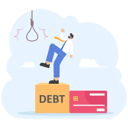 Businessman stand on credit card podium with hanging gallows rope  Illustration