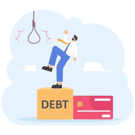 Businessman stand on credit card podium with hanging gallows rope  Illustration