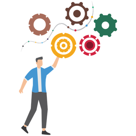 Businessman stand on interconnected gear cogwheel symbolizing process and workflow optimization  Illustration