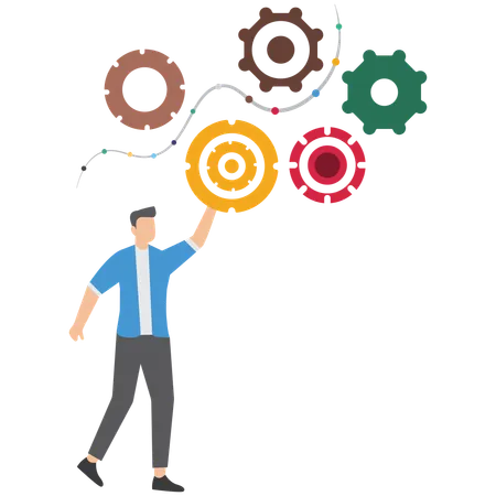 Businessman stand on interconnected gear cogwheel symbolizing process and workflow optimization  Illustration