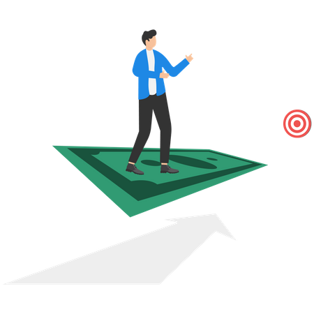Businessman stand on money and go to the target  Illustration