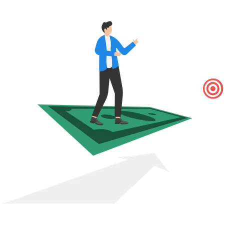Businessman stand on money and go to the target  Illustration