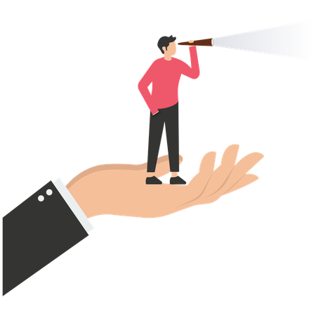 Businessman stand on support hand look into telescope vision  イラスト