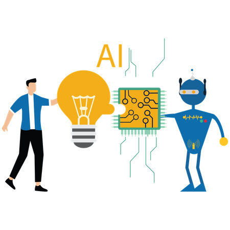 Businessman stand with light bulb sign creative then helping robot  Illustration
