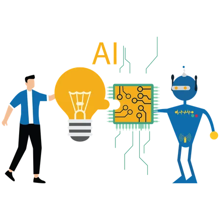 Businessman stand with light bulb sign creative then helping robot  Illustration