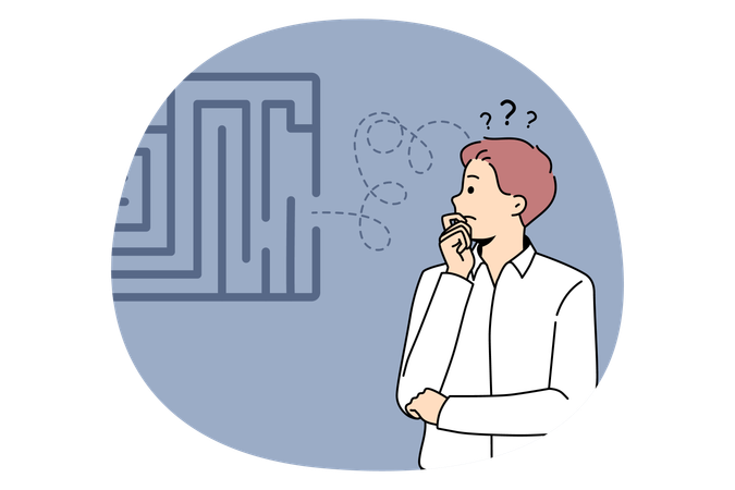 Businessman standing and looking at labyrinth thinking trying to choose between many opportunities and ways making choice  Illustration