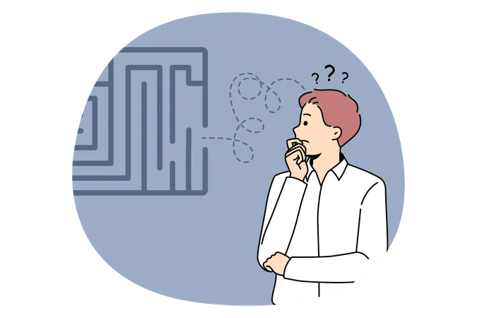Businessman standing and looking at labyrinth thinking trying to choose between many opportunities and ways making choice  Illustration