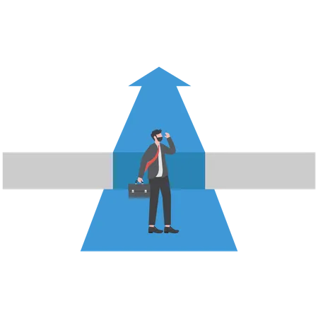 Businessman standing and looking down over big gap on way  Illustration
