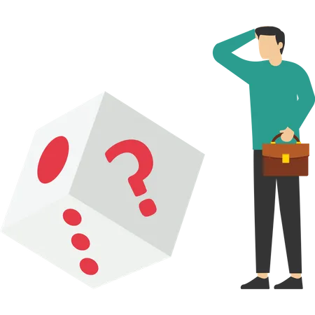 Businessman Standing And Thinking About Question Throwing Dice Question Marks Gambling Vector Illustration Design Concept In Flat Style Illustration