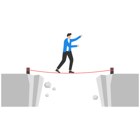 Businessman standing and walking a tightrope over the abyss  Illustration