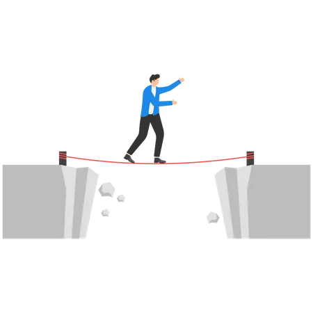 Businessman Standing And Walking A Tightrope Over The Abyss Risk Management Illustration