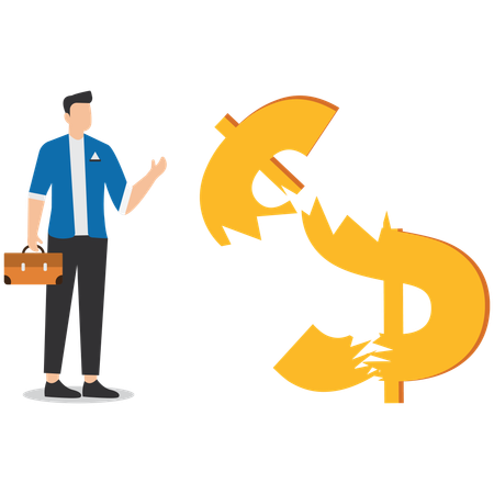 Businessman standing around broken dollar  Illustration