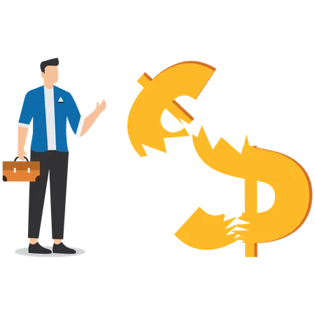 Businessman standing around broken dollar  Illustration