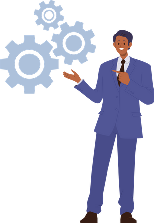 Businessman standing at cogwheels gear mechanism presenting innovative strategy  Illustration