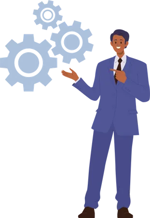 Businessman standing at cogwheels gear mechanism presenting innovative strategy  Illustration