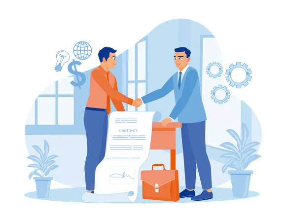 Businessman standing at office desk and  Shaking hands after signing business contract  Illustration