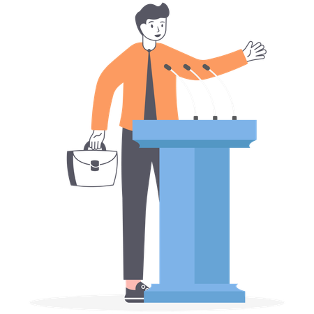 Businessman standing at tribune with microphones and making speech  Ilustración
