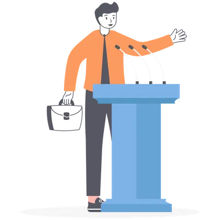 Man In Suit Businessman Or Politician Stands At Tribune With Microphones And Making A Speech Presentation For Audience Conference Debates Vector Illustration Flat Illustration