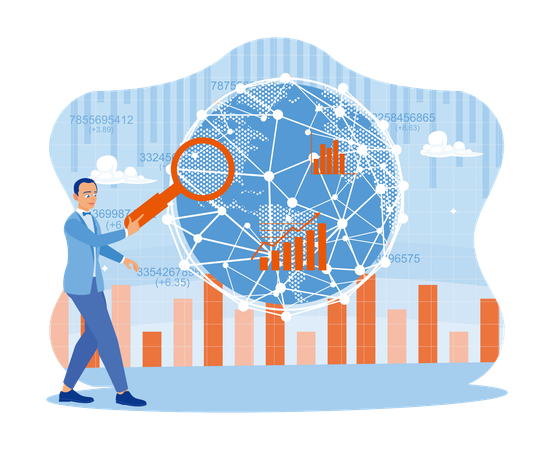 Businessman standing before a virtual screen with a global network link connection. Analyze office financial charts on the net. Big Data Technology for Business Finance Analysis Concept. trend flat vector modern illustration  일러스트레이션