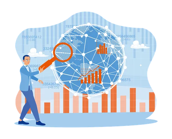 Businessman standing before a virtual screen with a global network link connection. Analyze office financial charts on the net. Big Data Technology for Business Finance Analysis Concept. trend flat vector modern illustration  Ilustración