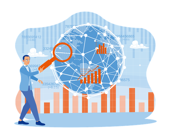 Businessman standing before a virtual screen with a global network link connection. Analyze office financial charts on the net. Big Data Technology for Business Finance Analysis Concept. trend flat vector modern illustration  Illustration