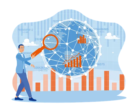 Businessman standing before a virtual screen with a global network link connection. Analyze office financial charts on the net. Big Data Technology for Business Finance Analysis Concept. trend flat vector modern illustration  Illustration