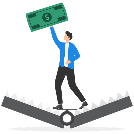 Businessman standing being caught in mouse trap and holding dollar coin  Illustration