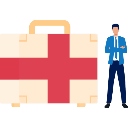Businessman Standing By Healthcare Kit  Illustration