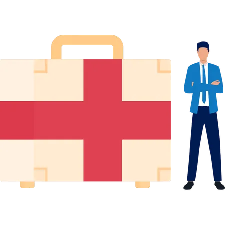 Businessman Standing By Healthcare Kit  Illustration