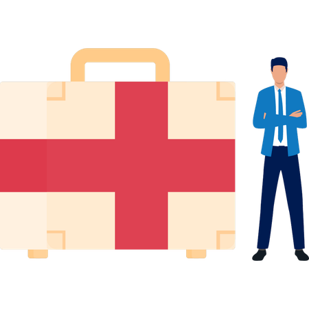 Businessman Standing By Healthcare Kit  Illustration