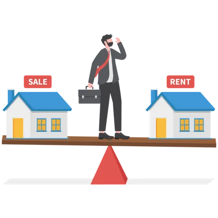 Businessman standing confuse to choose to buy new house or rent a house  Illustration