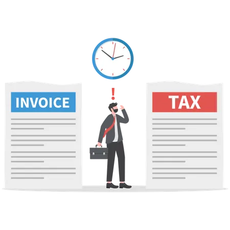 Businessman standing feeling not free in letter between tax and debt  Illustration
