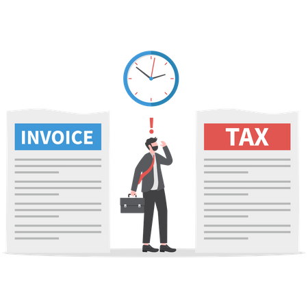 Businessman standing feeling not free in letter between tax and debt  Illustration