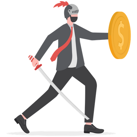 Businessman standing holding sword and a shield made of a coin  Illustration
